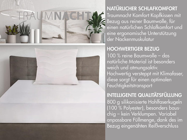 Traumnacht pernă confort cu capac din bumbac pur, pernă certificată Oeko-Tex cu fermoar, 80X80 Cm, Dezvoltat în Germania