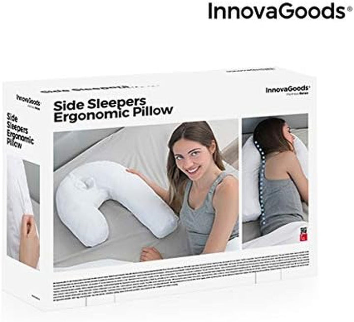 Innovagoods - Pernă ergonomică în formă de U pentru somn lateral, Ideală pentru sarcină, Promovează respirația liniștită, Reduce sforăitul, Bumbac și poliester, Alb, 39 X 57 X 14 Cm