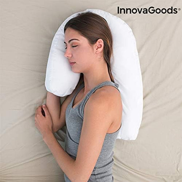 Innovagoods - Pernă ergonomică în formă de U pentru somn lateral, Ideală pentru sarcină, Promovează respirația liniștită, Reduce sforăitul, Bumbac și poliester, Alb, 39 X 57 X 14 Cm